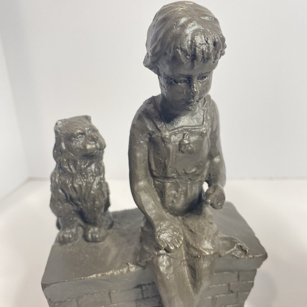 Vintage Painted Brass Figurine Pair – Girl Sitting on Wall with Dog – 8" Tall - Picture 3 of 10